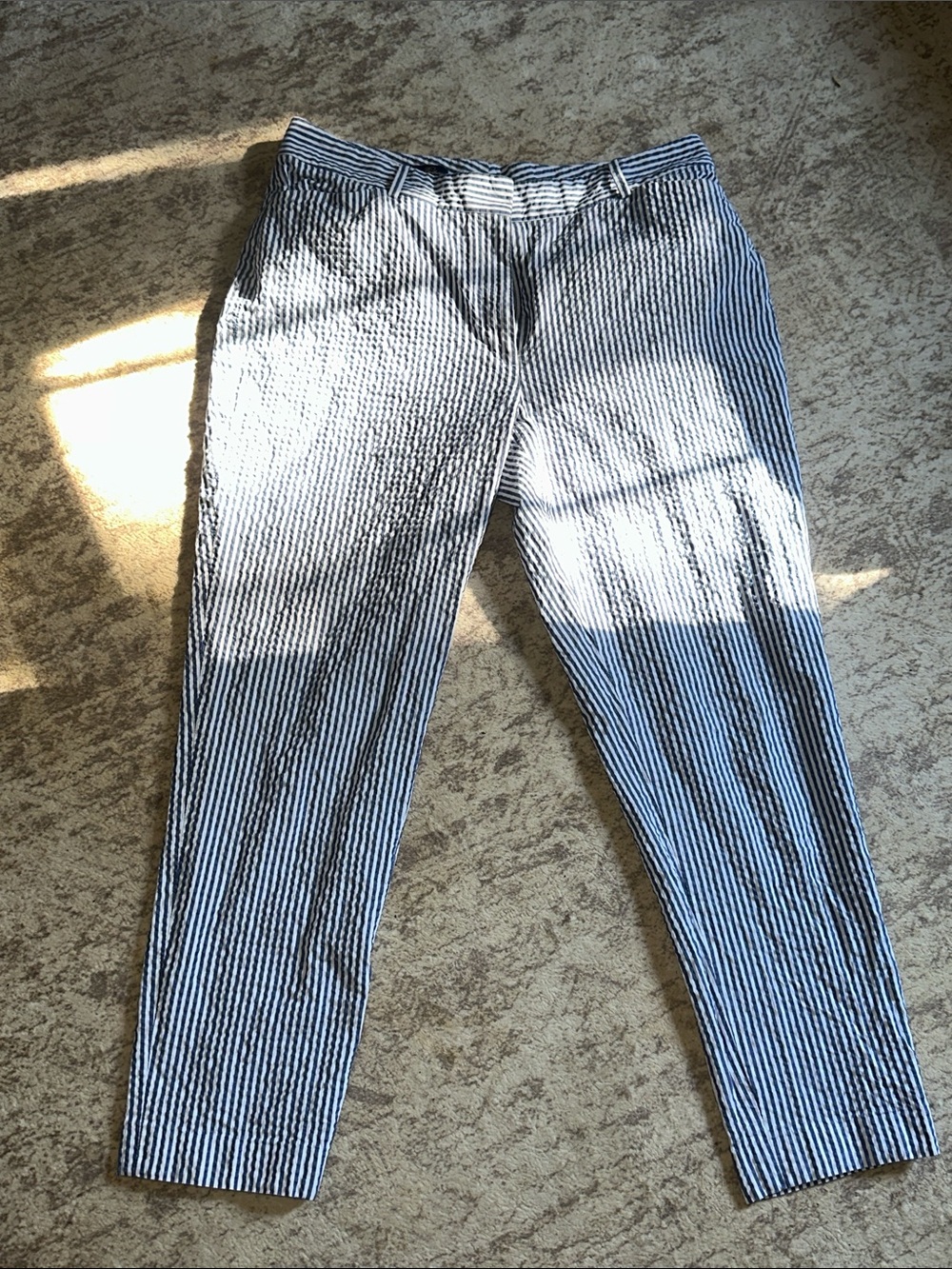 Brooks Brothers Womens 12 Blue White Seersucker Crop Ankle Pants Italian Fabric